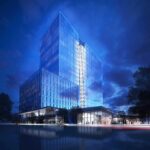 Night time artistic view of NNRH building from 8th Street at O Street street level with blue hues and clouds - artist depiction