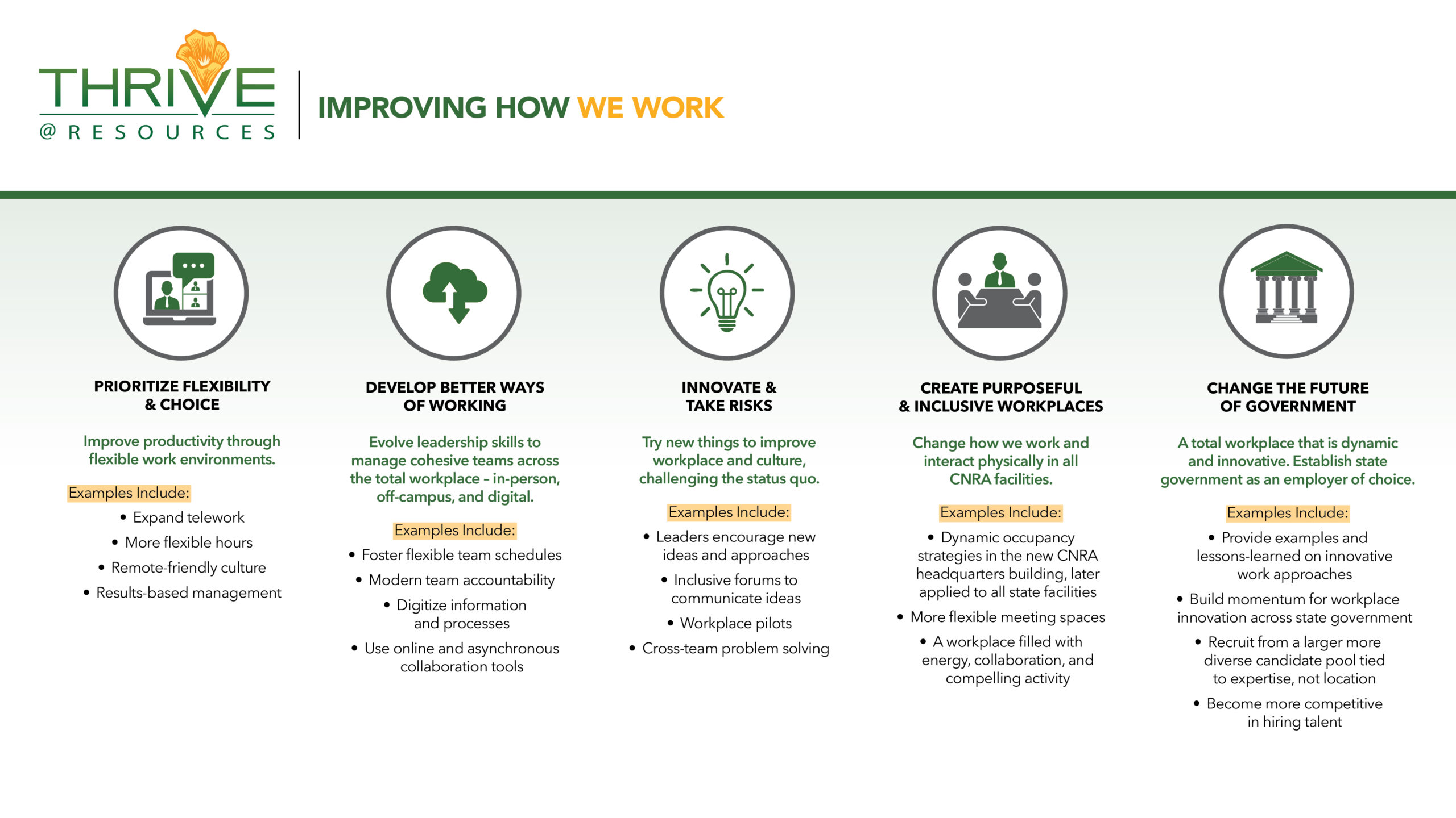 Graphic showing five principles of improving workplace culture under the "Thrive @ Resources" initiative, including flexibility, innovation, inclusion, and modernization in government.
