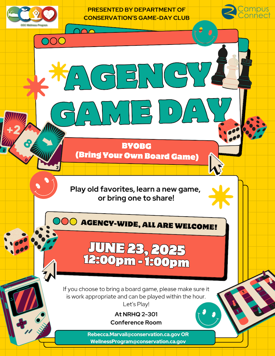 Colorful flyer for “Agency Game Day” hosted by the Department of Conservation and Campus Connect, taking place June 23, 2025, from 12:00pm to 1:00pm. Event encourages staff to bring or play board games.