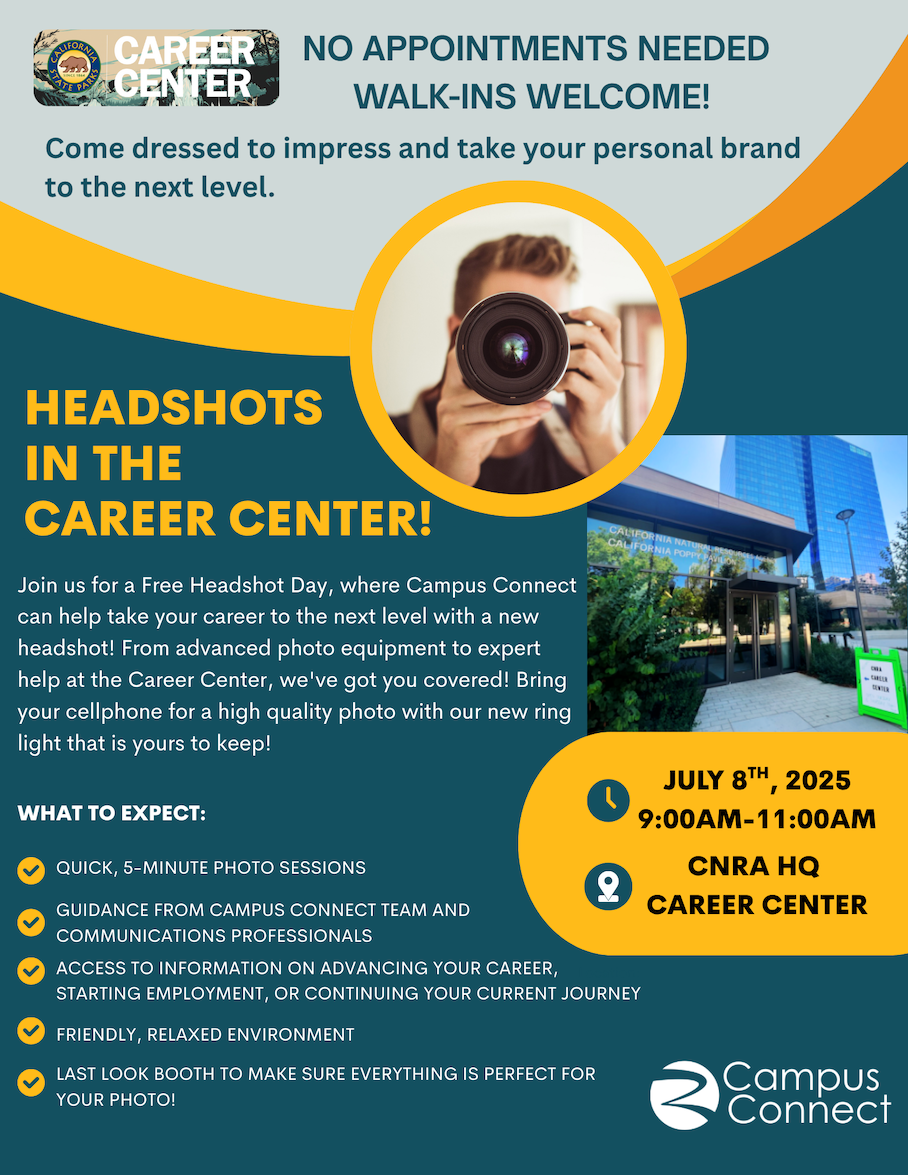 Promotional flyer for free headshot day at the CNRA Career Center with ring-light portrait and campus building photo