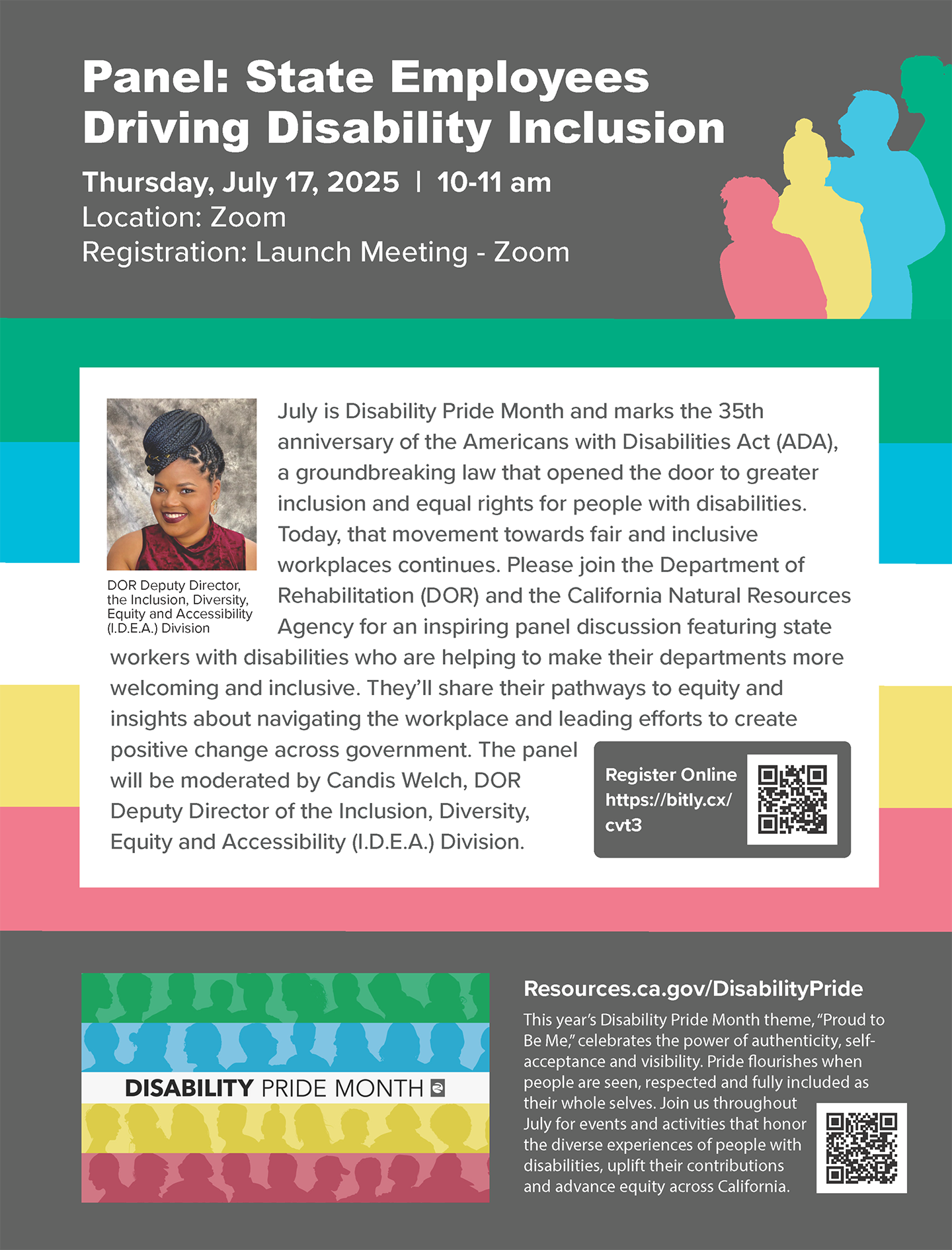 Flyer for a Disability Pride Month panel on July 17, 2025, discussing disability inclusion in state government with employees and DOR leadership, held via Zoom.