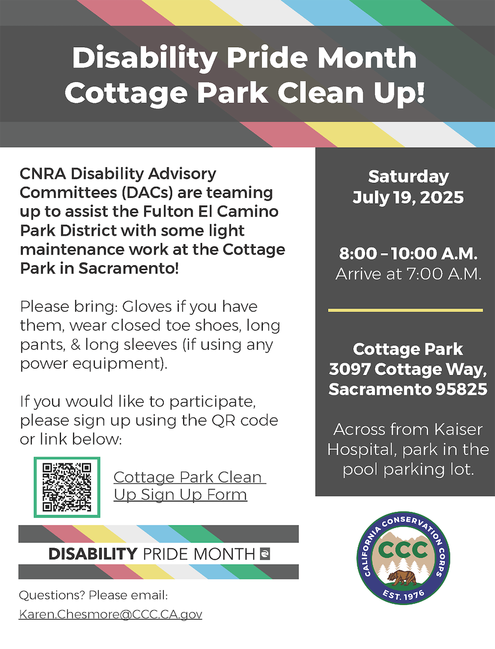 Flyer for a Disability Pride Month clean-up event at Cottage Park on July 19, 2025, hosted by CNRA Disability Advisory Committees in partnership with the Fulton El Camino Park District.