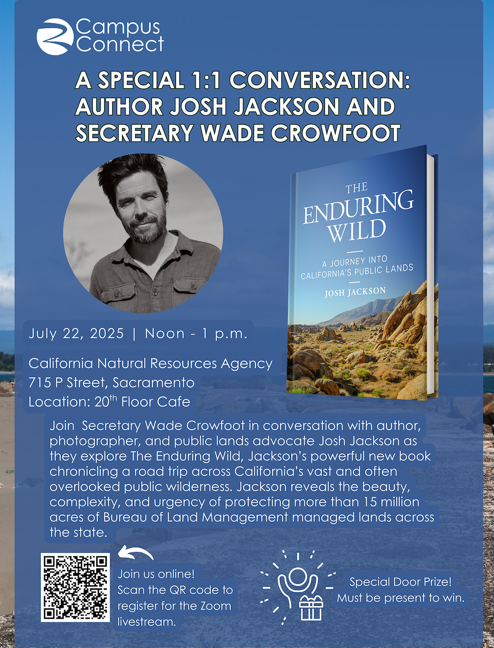 Event poster for a Campus Connect conversation featuring author Josh Jackson and Secretary Wade Crowfoot on July 22, 2025, at the California Natural Resources Agency.