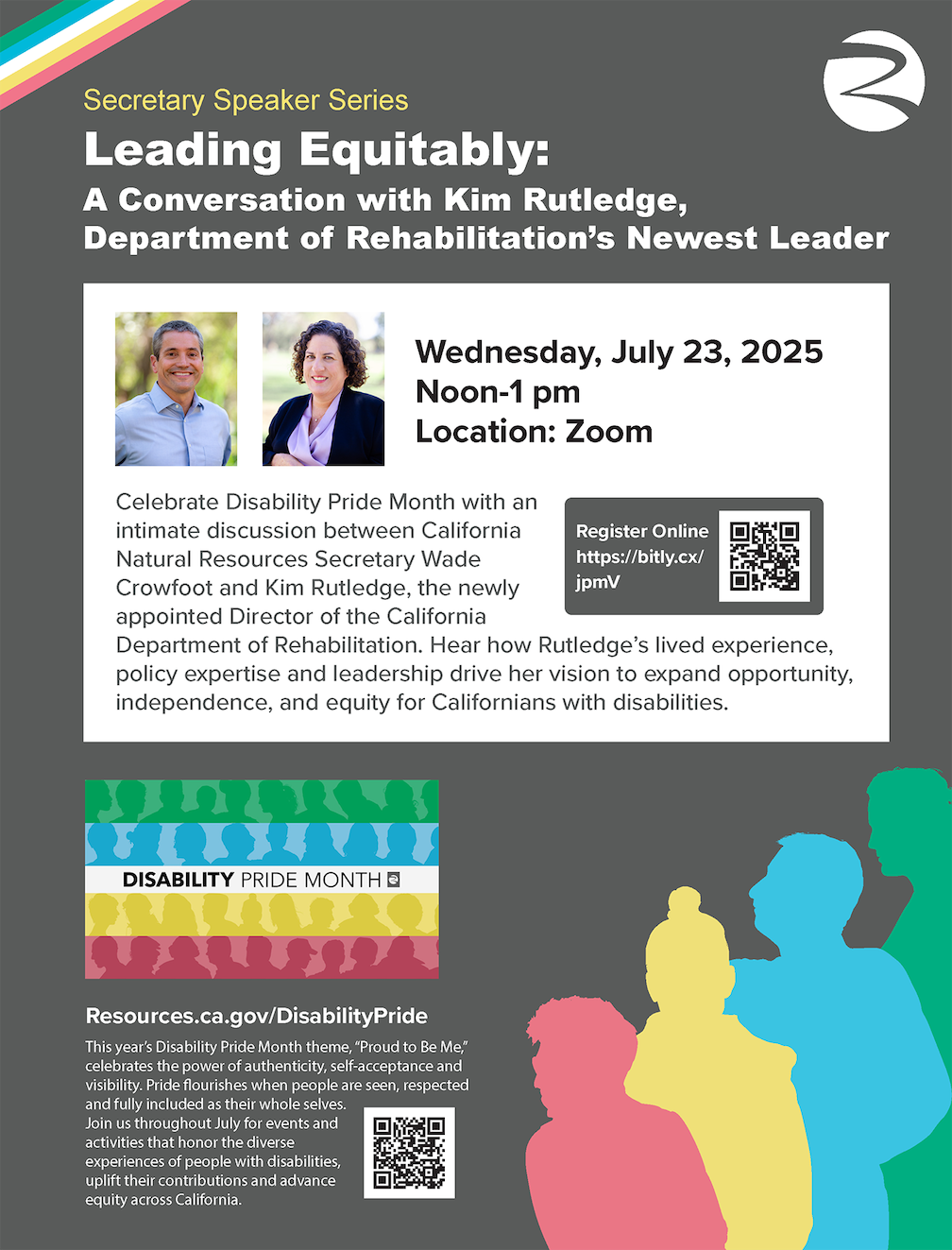 Flyer for a virtual Disability Pride Month event on July 23, 2025, featuring a conversation between Secretary Wade Crowfoot and Kim Rutledge, new Director of the California Department of Rehabilitation.