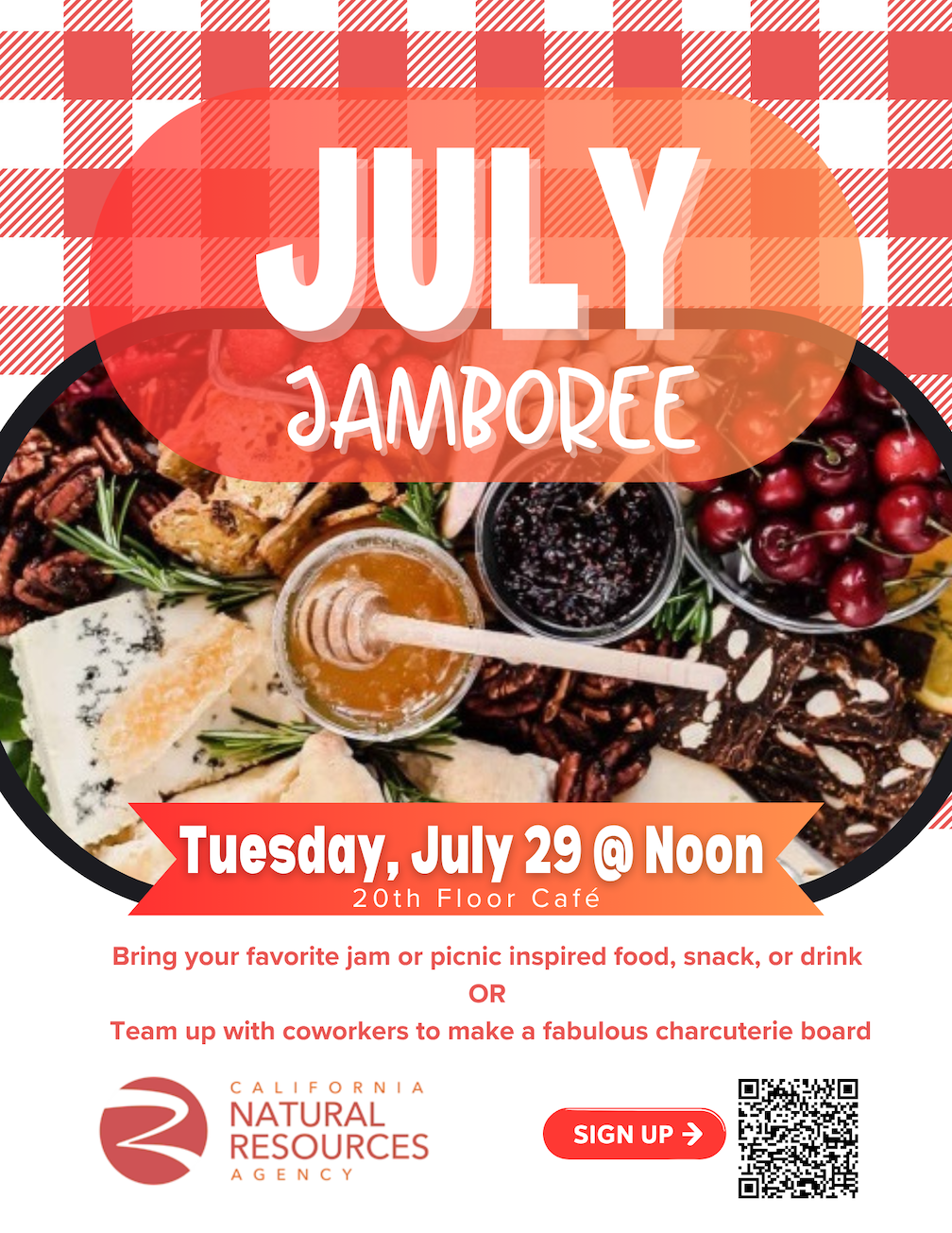 Flyer for CNRA's July Jamboree event on Tuesday, July 29 at noon in the 20th Floor Café. Attendees are invited to bring picnic-inspired items or create a charcuterie board with coworkers. Includes a sign-up QR code and California Natural Resources Agency logo.