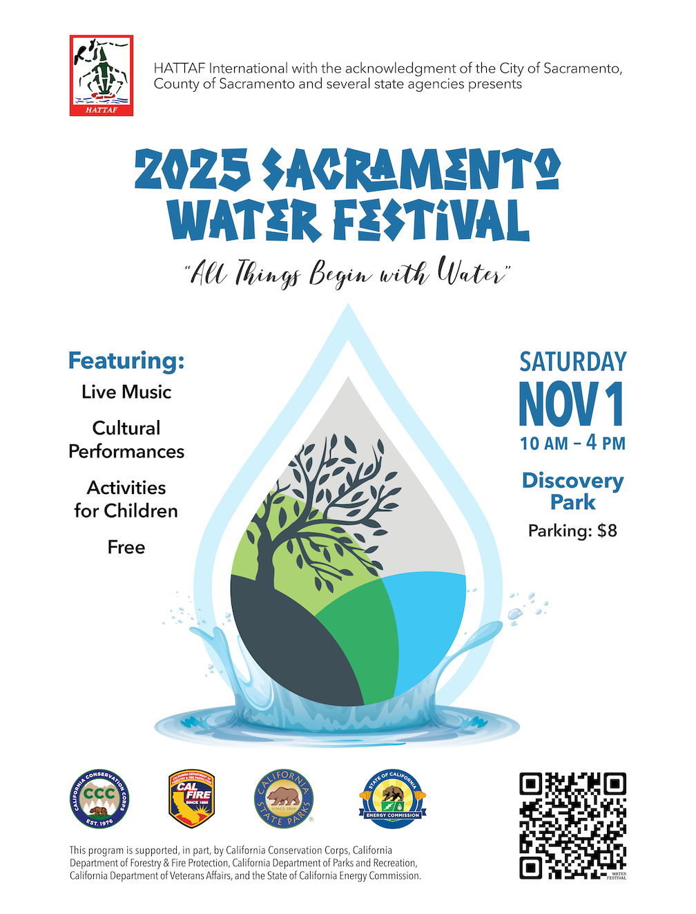 Flyer for the 2025 Sacramento Water Festival on November 1, 2025, at Discovery Park, featuring a large water droplet graphic with a tree, event details, supporting agency logos, and a QR code.