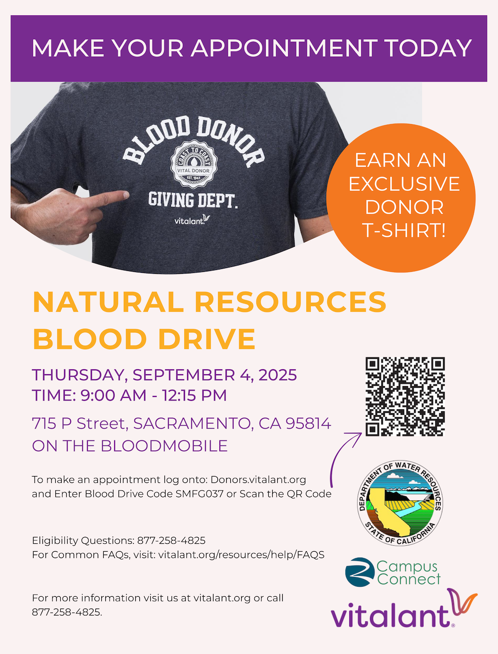 Flyer promoting the Natural Resources Blood Drive on September 4, 2025, at 715 P Street, Sacramento, featuring a donor t-shirt image, QR code, and Vitalant and Campus Connect logos.