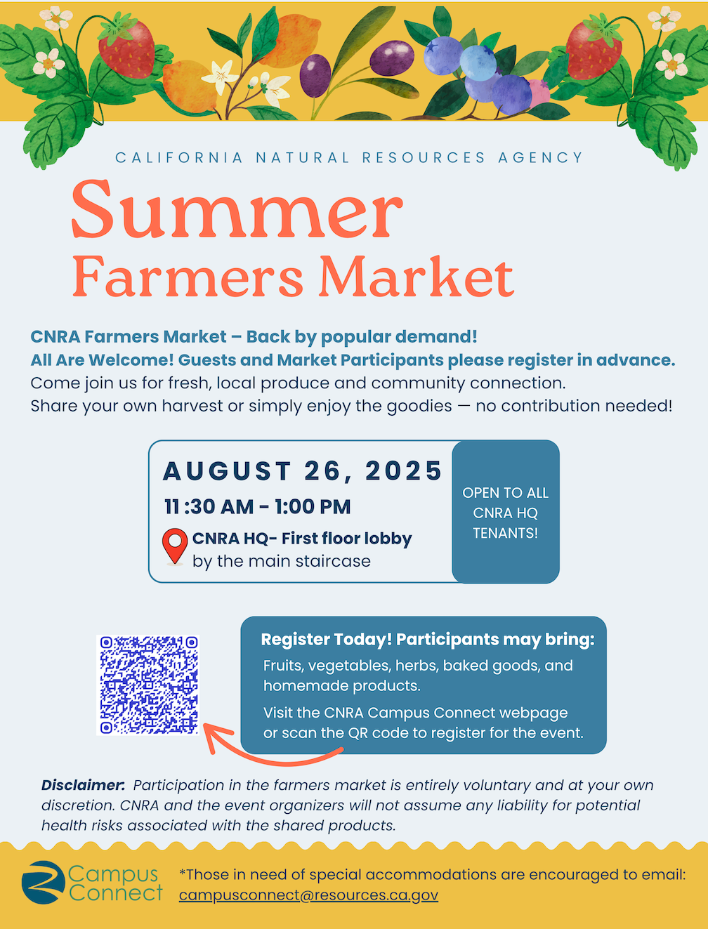 Colorful flyer for CNRA’s Summer Farmers Market on August 26, 2025, showing fruits, vegetables, and event details including time, location, and registration information.