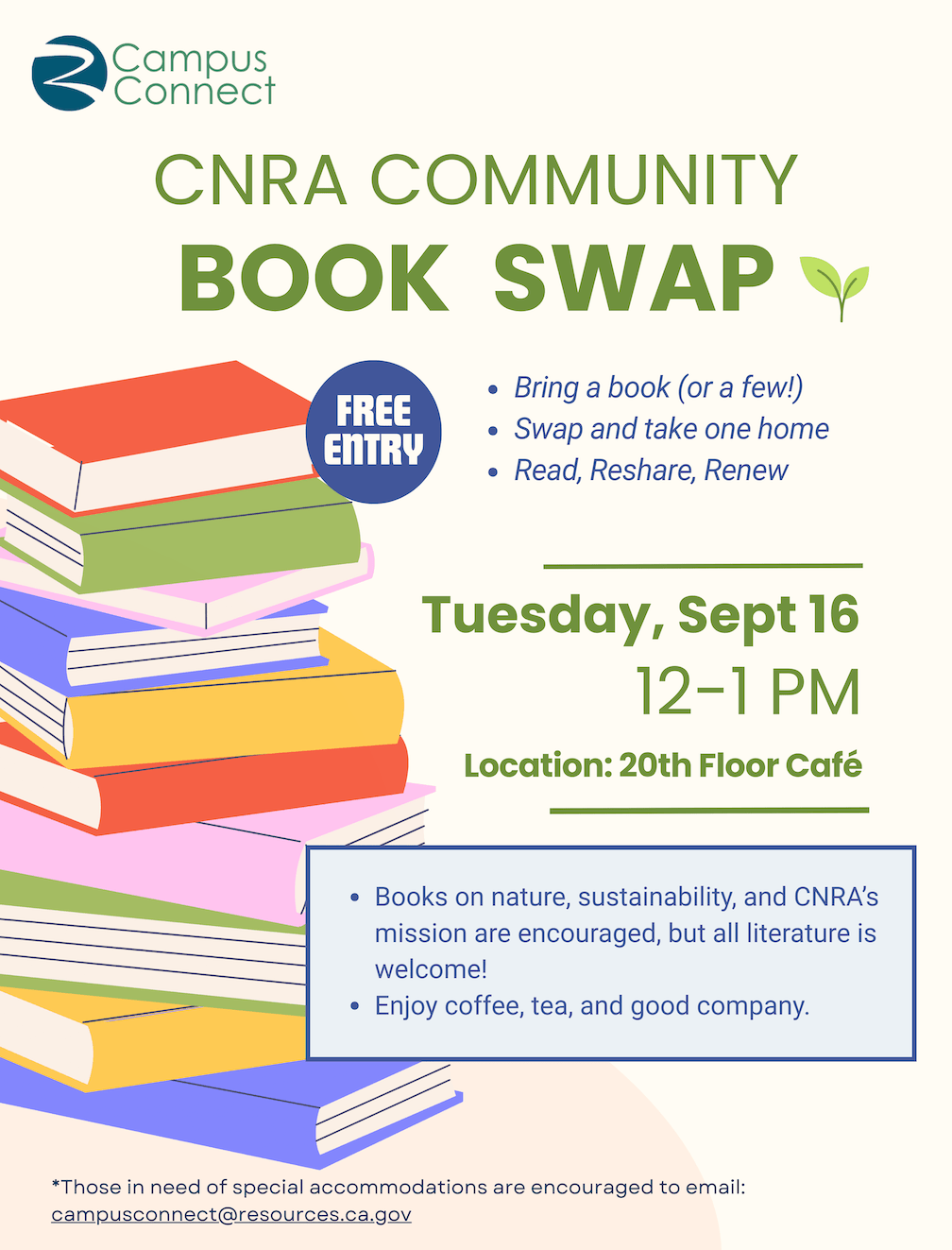 Flyer for the CNRA Community Book Swap hosted by Campus Connect on September 16, 2025, from 12 pm to 1 pm at the 20th Floor Café. Features colorful stacked books and event details encouraging participants to bring books, swap, and enjoy coffee, tea, and community.