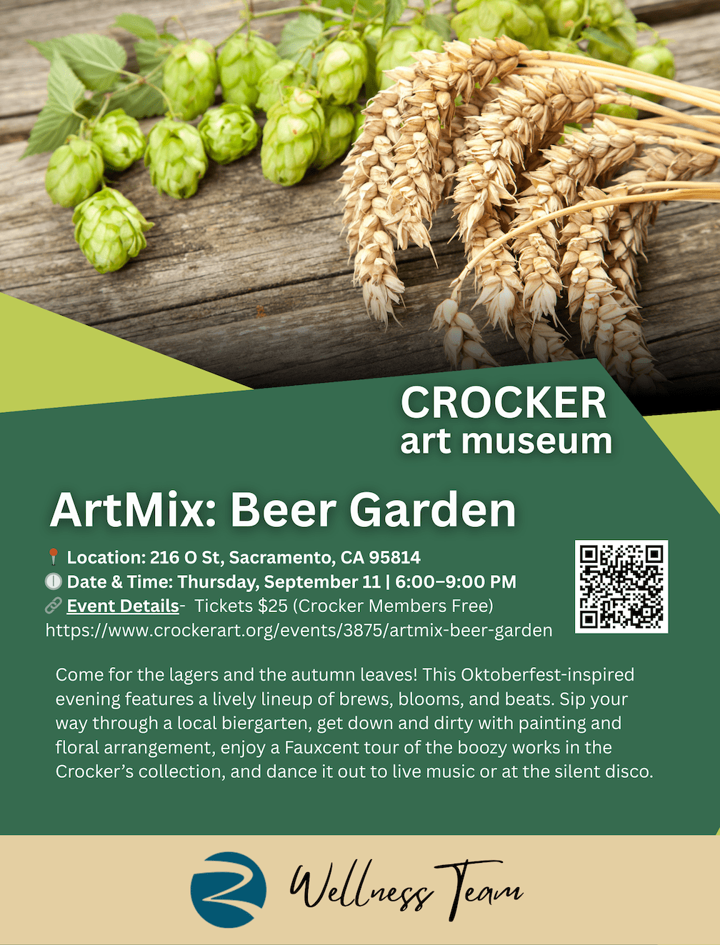 Flyer for the Crocker Art Museum’s ArtMix: Beer Garden event on September 11, featuring hops and wheat on a wooden table background, with event details, location, and ticket information.