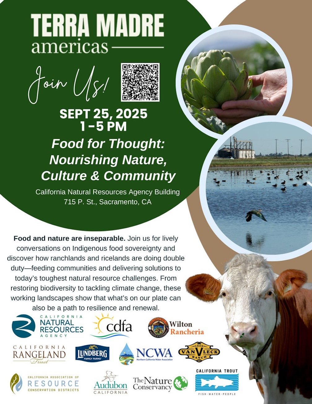 Flyer for Terra Madre Americas event on September 25, 2025, at the California Natural Resources Agency Building in Sacramento. The flyer features images of an artichoke being held, waterfowl in a wetland, and a cow. Event details highlight a focus on Indigenous food sovereignty, ranchlands, ricelands, biodiversity, and climate solutions.