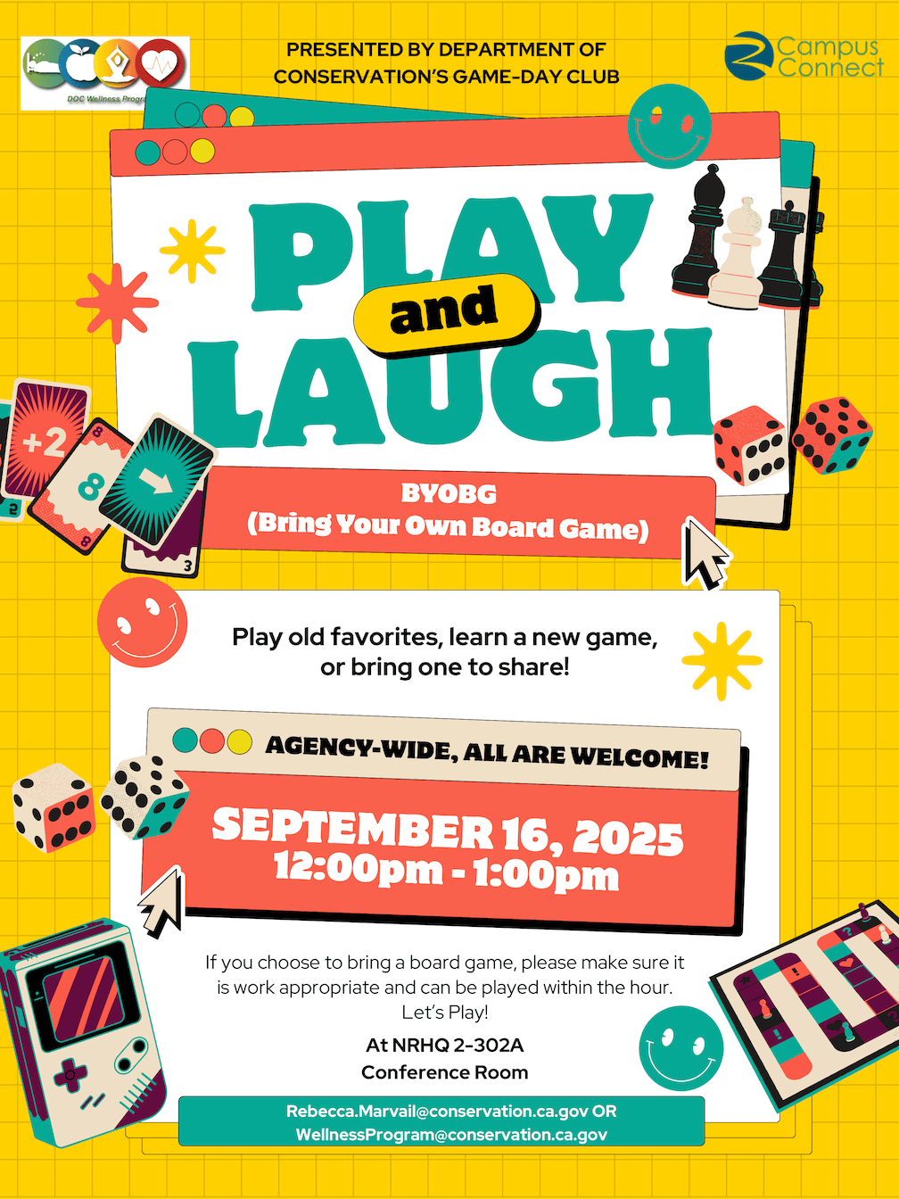 Flyer for the Department of Conservation’s Game-Day Club event titled “Play and Laugh.” It includes colorful board game graphics, dice, cards, and details for a BYOBG (Bring Your Own Board Game) event happening September 16, 2025, from 12:00pm to 1:00pm at NRHQ 2-302A Conference Room.