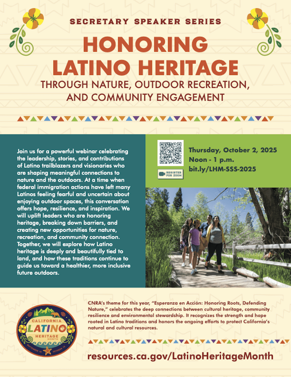 Flyer for the Secretary Speaker Series event titled “Honoring Latino Heritage: Through Nature, Outdoor Recreation, and Community Engagement.” It promotes a webinar on October 2, 2025, from noon to 1 p.m., with registration via Zoom. Includes images of Latino families enjoying nature and cultural design elements.