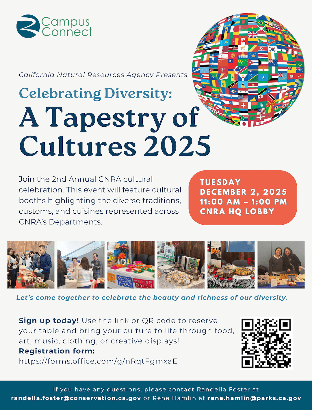 Flyer for Campus Connect’s “Celebrating Diversity: A Tapestry of Cultures 2025” event on Tuesday, December 2, 2025, 11:00 AM–1:00 PM in the CNRA HQ lobby, inviting staff to host cultural booths featuring traditions, food, and art.