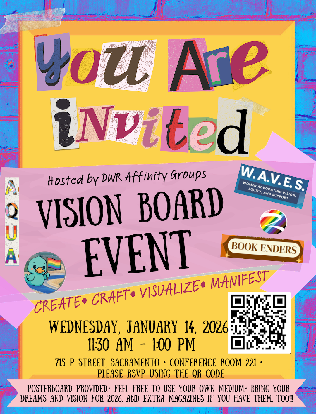 Flyer inviting staff to a DWR Affinity Groups “Vision Board Event” on Wednesday, January 14, 2026, 11:30 AM–1:00 PM at 715 P Street, Sacramento (Conference Room 221), with a QR code to RSVP.