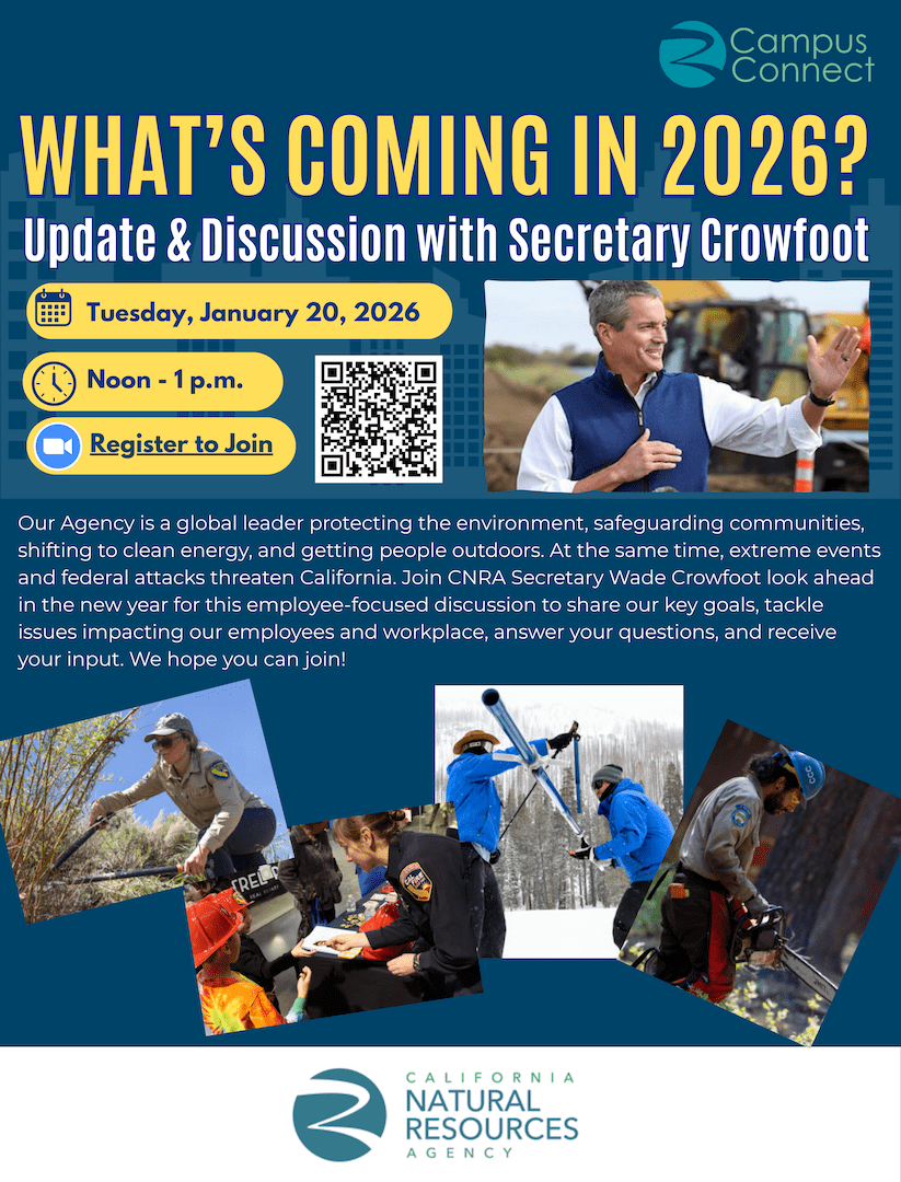 Campus Connect flyer: “What’s Coming in 2026?” Update and discussion with Secretary Crowfoot. Tuesday, January 20, 2026, noon–1 p.m., with QR code to register. Photos show Secretary Wade Crowfoot and CNRA staff in the field and at work.