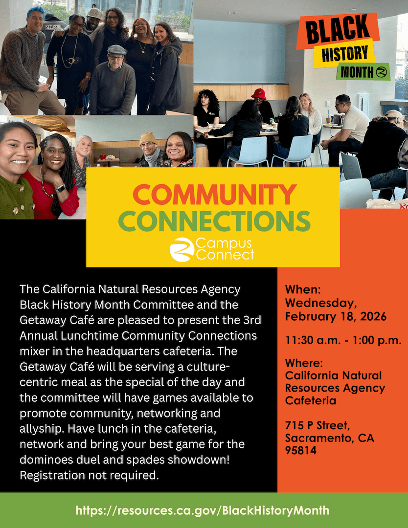 Black History Month “Community Connections” lunchtime mixer flyer with photos of staff, Wednesday, February 18, 2026, 11:30 a.m.–1:00 p.m., CNRA cafeteria, 715 P Street, Sacramento, CA 95814; registration not required.