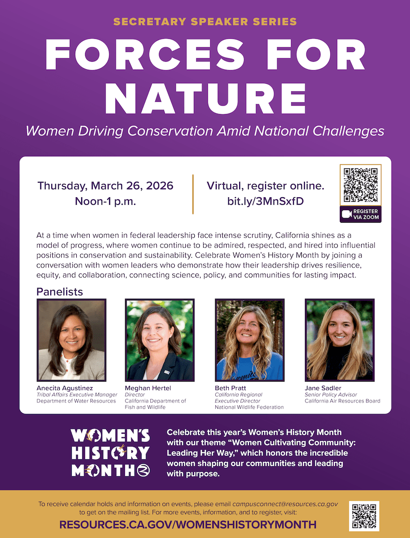 Flyer for Secretary Speaker Series “Forces for Nature: Women Driving Conservation Amid National Challenges,” virtual event on Thursday, March 26, 2026, noon–1 p.m., with QR code to register and panelist headshots.