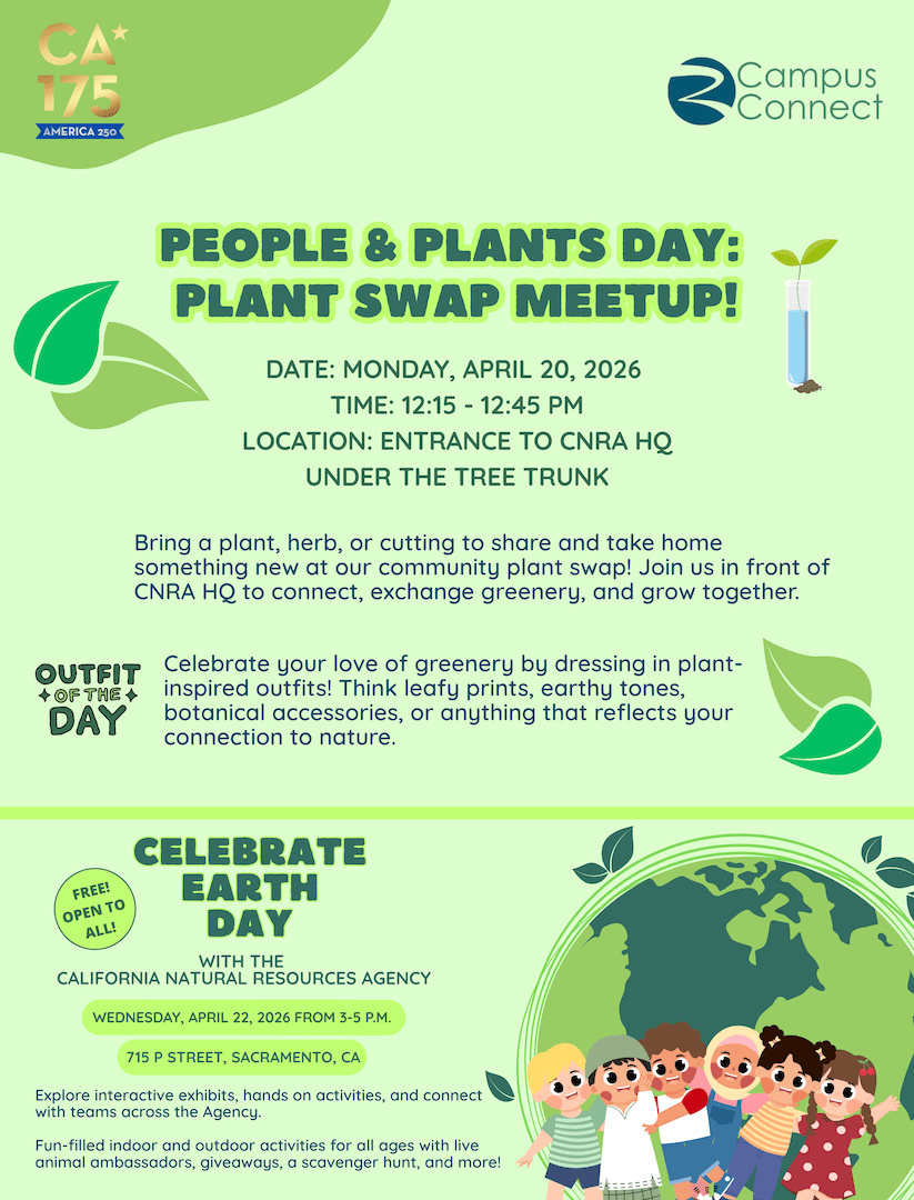 People & Plants Day flyer for a Plant Swap Meetup on Monday, April 20, 2026, 12:15–12:45 p.m., meeting at the CNRA HQ entrance under the tree trunk; bring a plant, herb, or cutting to exchange.
