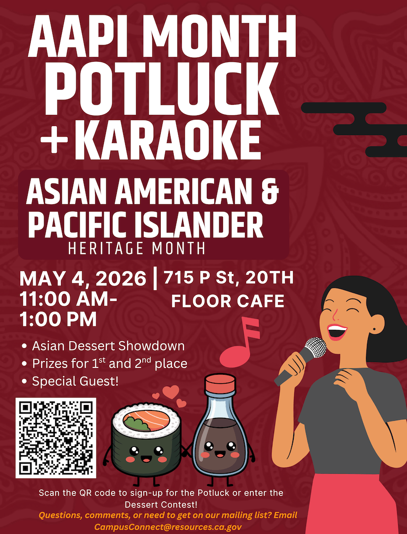 Flyer for “AAPI Month Potluck + Karaoke” celebrating Asian American & Pacific Islander Heritage Month on May 4, 2026, 11 a.m.–1 p.m., at 715 P St., 20th Floor Cafe, featuring a QR code and an illustration of a person singing with cute sushi and soy sauce characters.