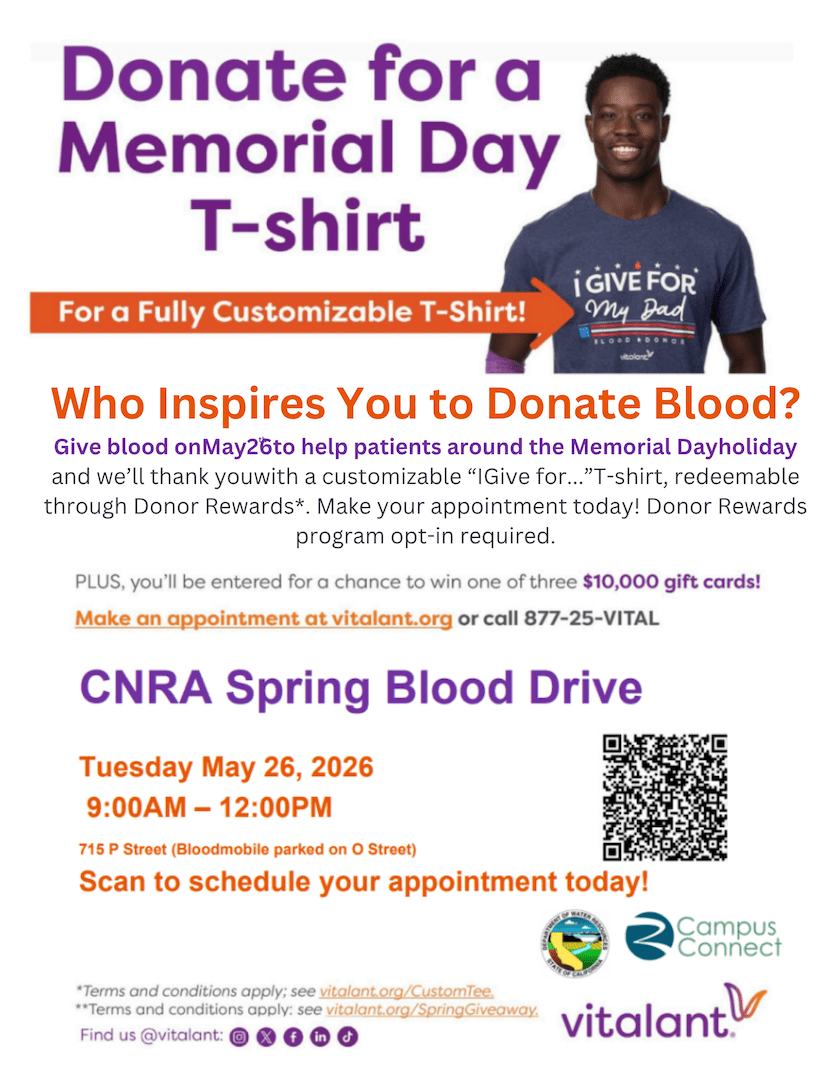 Flyer promoting the CNRA Spring Blood Drive on Tuesday, May 26, 2026 (9:00 a.m.–12:00 p.m.) at 715 P Street, with a QR code to schedule an appointment and a “Donate for a Memorial Day T-shirt” incentive.