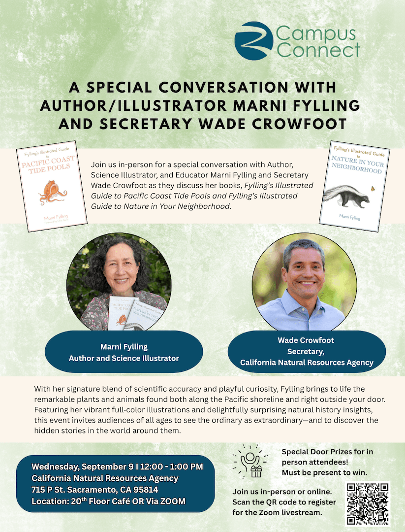 Promotional flyer for a special conversation with author and science illustrator Marni Fylling and CNRA Secretary Wade Crowfoot, September 9, 12–1 p.m., with QR code for registration.