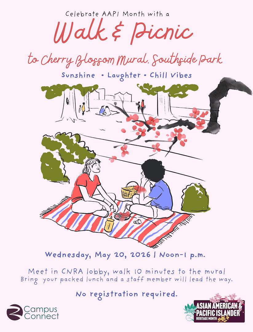 Illustrated flyer for “Celebrate AAPI Month” Walk & Picnic to the Cherry Blossom Mural at Southside Park; Wednesday, May 20, 2026, noon–1 p.m.; meet in CNRA lobby and walk 10 minutes; bring lunch; no registration required.