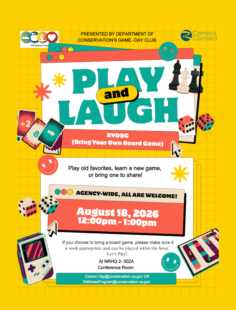 Flyer for “Play and Laugh” agency-wide game day on August 18, 2026, noon–1 p.m., at NRHQ 2-302A Conference Room, with board game, dice, chess, cards, and handheld game graphics.